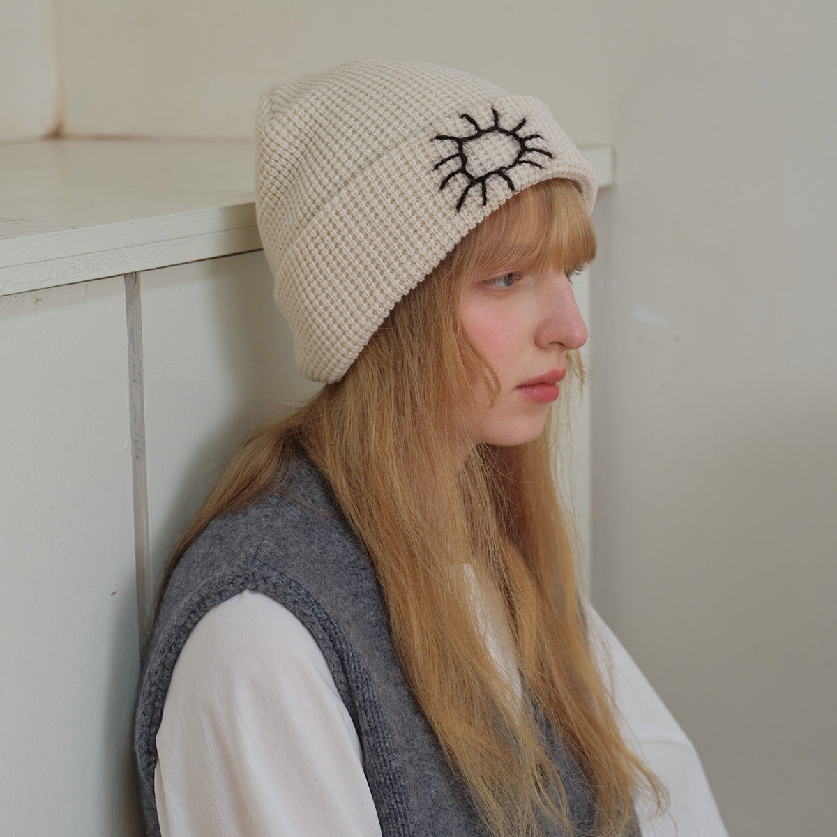 Handmade Embroidered Sunflower Wool Knit Beanie Cap