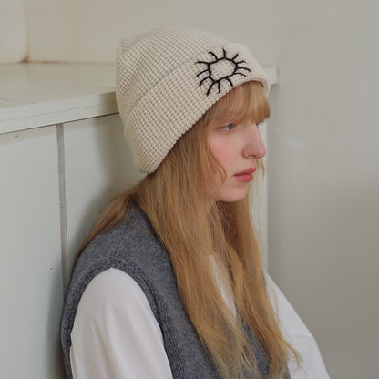 Handmade Embroidered Sunflower Wool Knit Beanie Cap