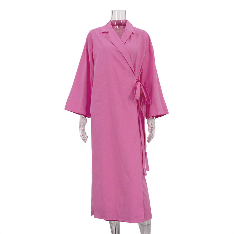 Pink Cotton Long Sleeve Tie Waist Maxi Dress