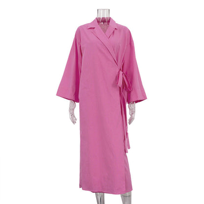 Pink Cotton Long Sleeve Tie Waist Maxi Dress