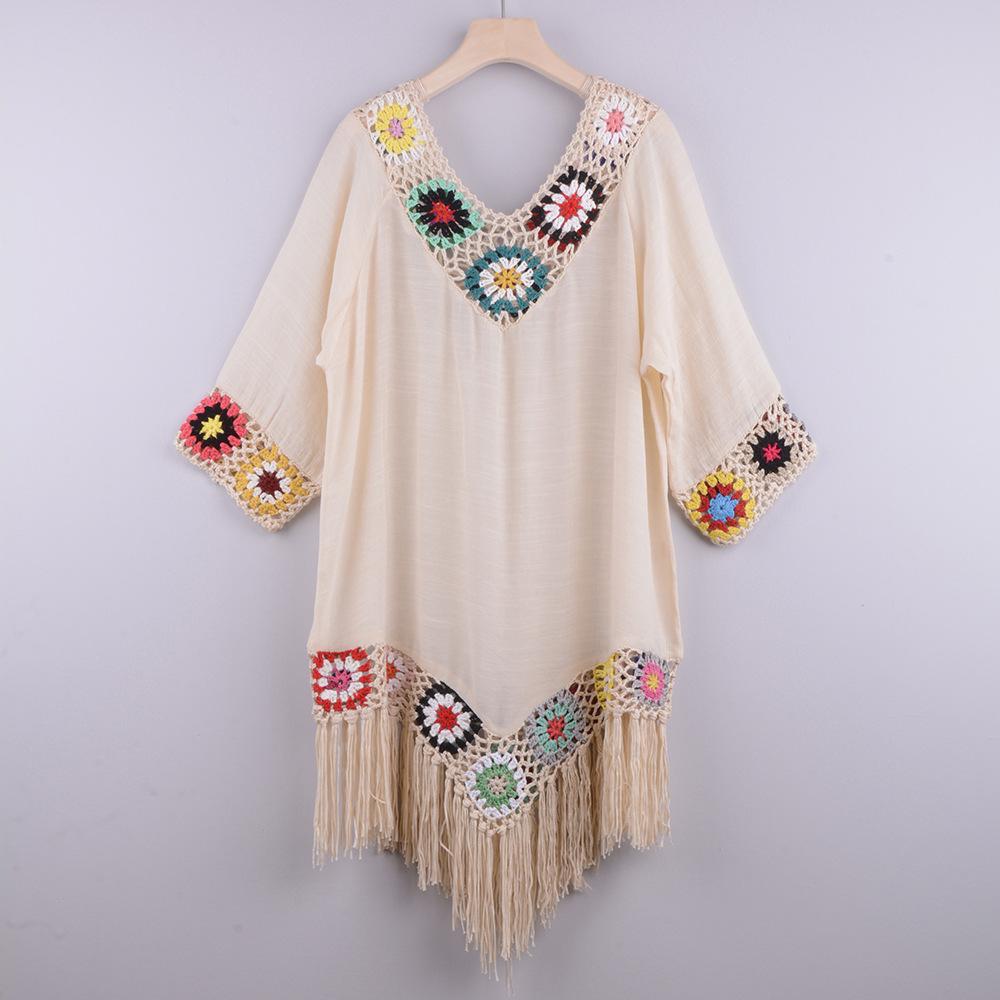 New Off The Shoulder Half Sleeve Hook Pattern Stitching Irregular Tassel Beach Cover Up Shirt Ethnic Style Dress