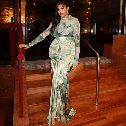 Floral Print Wrap Dress Set Elegant Casual Two-Piece Outfit