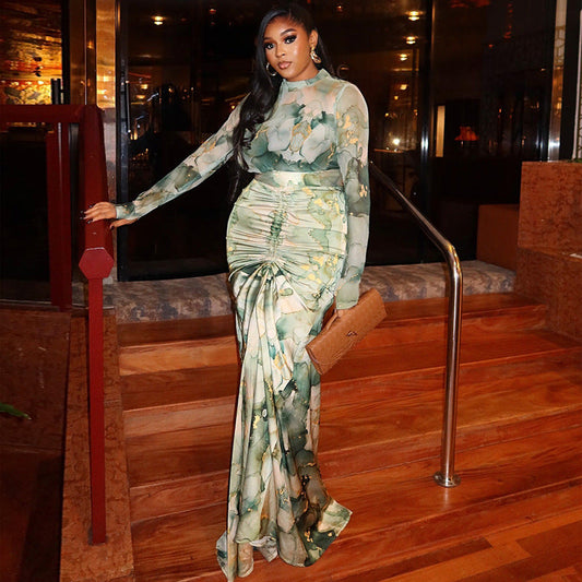 Floral Print Wrap Dress Set Elegant Casual Two-Piece Outfit