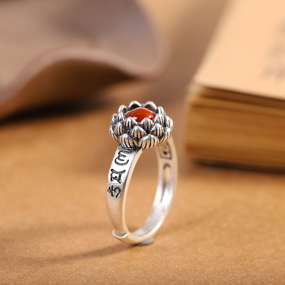 Character Silver S925 Silver Inlaid South Red Agate Eight-Petal Lotus Ring