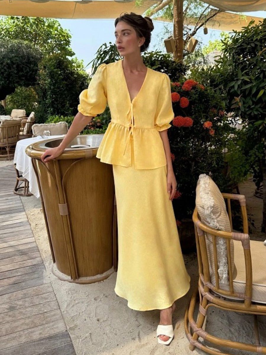 V-Neck Ruffled Sleeve Maxi Dress Set Comfortable Casual Cotton