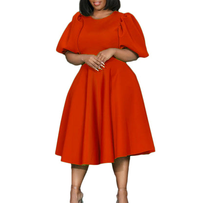 Elegant A-Line Dress With Puff Sleeves And Waist Tie