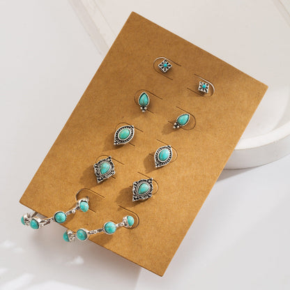 Bohemian Vintage Turquoise Earrings Set - Flower Heart Geometric Design
