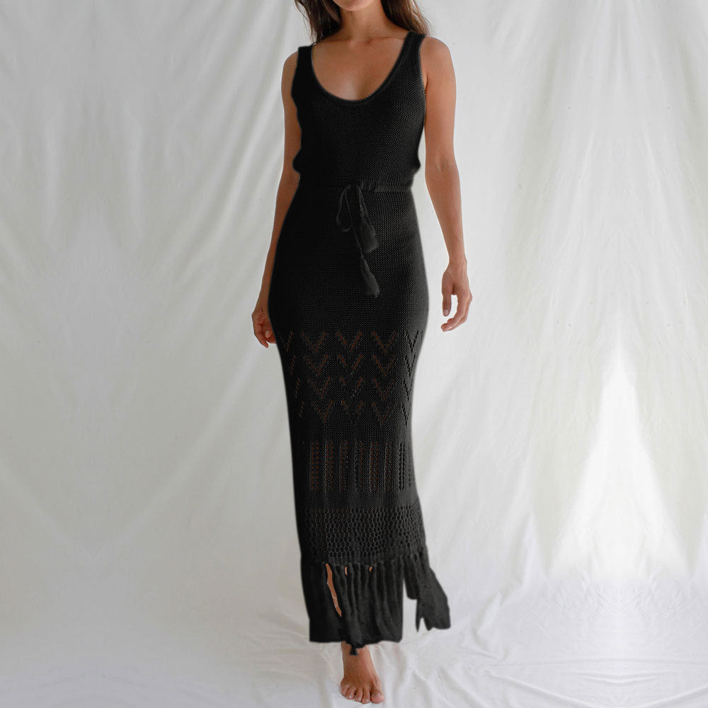 Solid Color Hollow Out Tassel Dress Cover Up