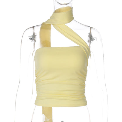 Sexy Strapless Cropped Top with Ribbons in Yellow