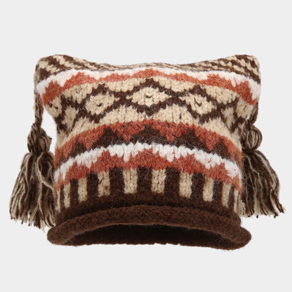 Boho Colorful Braided Tassel Knit Beanie Hat