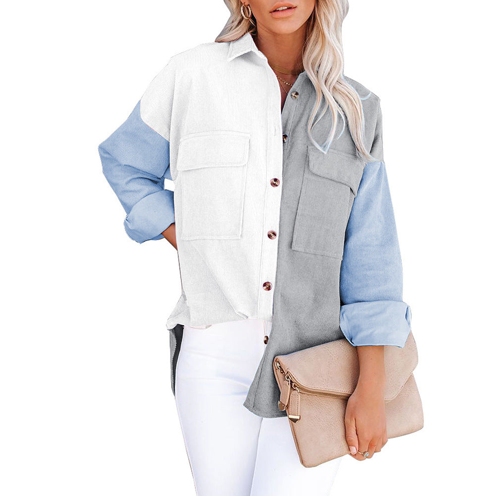 Contrast Corduroy-Breasted Loose Button Shirt