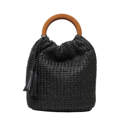 Trendy Round Wood Handle Tote Bag With Tassels