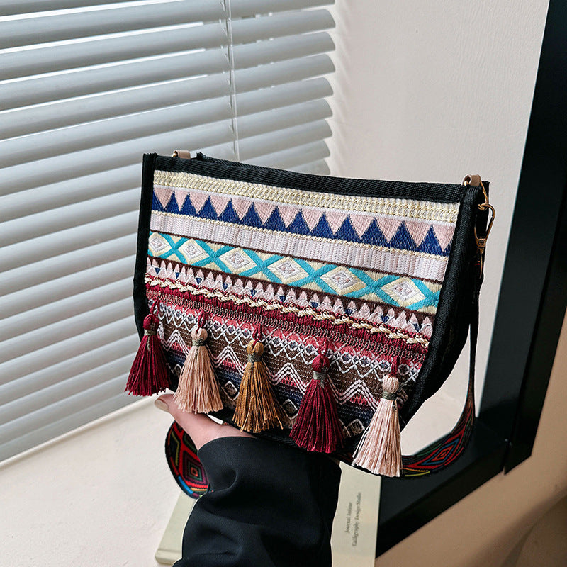 Woven Fringe Crossbody Bag Stylish Cotton Handbag