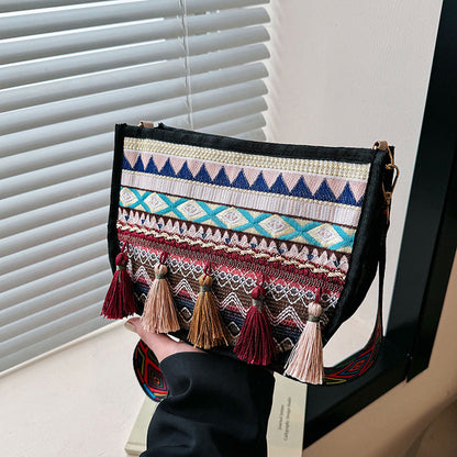 Woven Fringe Crossbody Bag Stylish Cotton Handbag