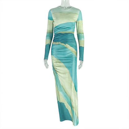 Trendy Floral Ruched Bodycon Dress With Long Sleeves