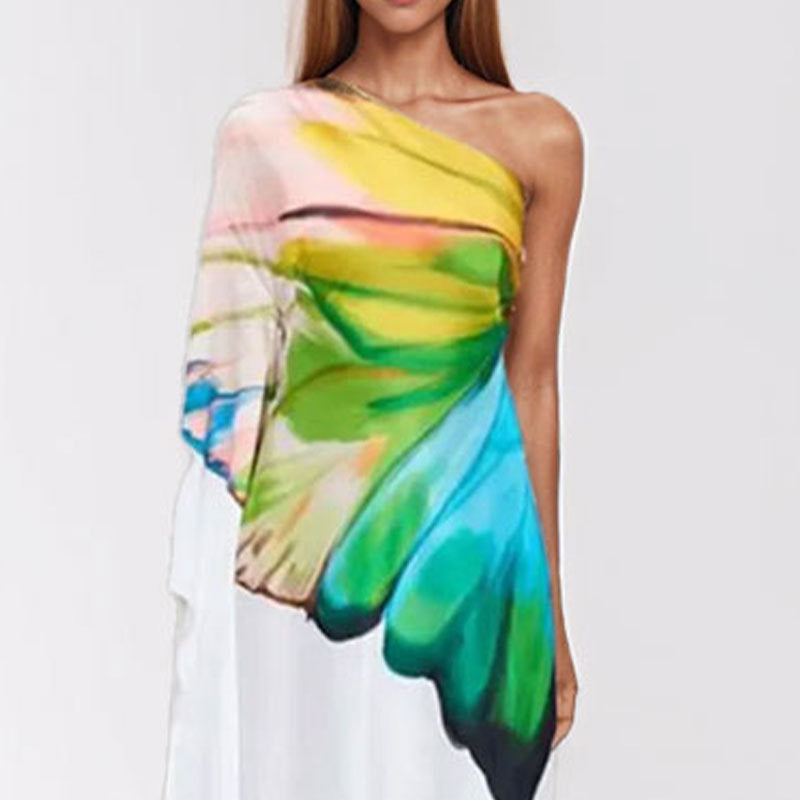 Elegant Floral Print One-Shoulder Maxi Dress