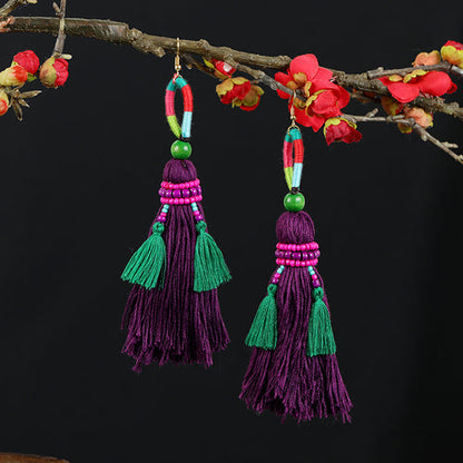 Retro National Style Contrast Color Pommel Earrings Exaggerated Personality Bohemian Holiday Long Tassel Temperament Earrings Women