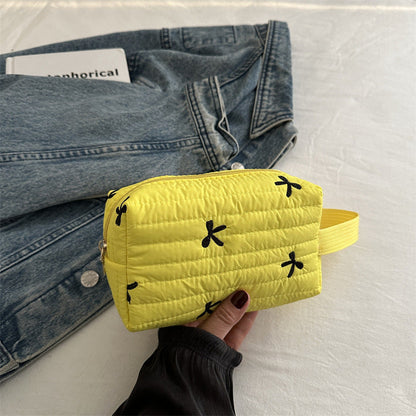 Cute Bow Embroidery Portable Puffer Cosmetic Bag