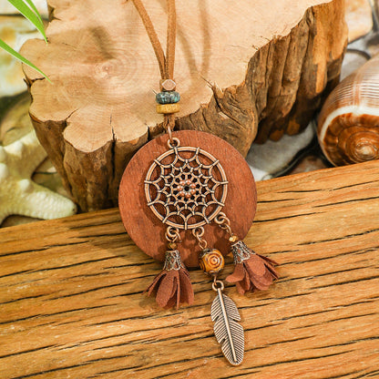 Bohemian Dreamcatcher Tassel Earrings and Wooden Necklace Set