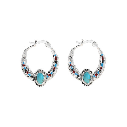 Blue 925 Silver Vintage Ethnic Style Feather Enamel Turquoise Earring Literature Tibetan Earrings