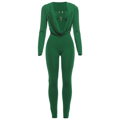 New Sexy Solid Color Jumpsuit With Wrap Neckline And Fitted Waist