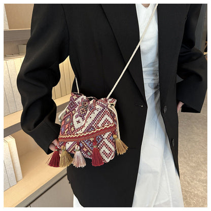 Trendy Bohemian Bucket Bag with Fringe - Canvas Shoulder Bag