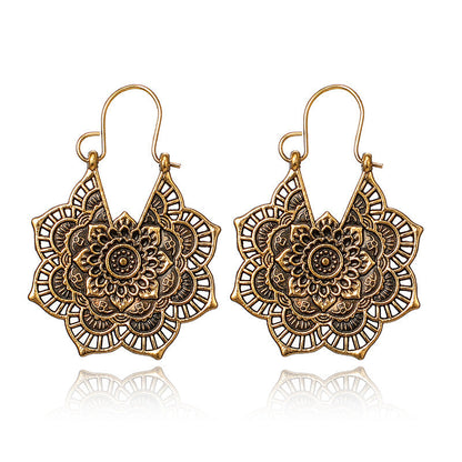 Vintage Geometric Metal Hoop Earrings With Floral Patterns