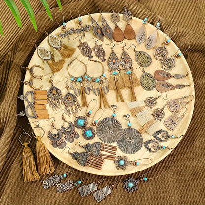 Vintage Ethnic Style Creative Brown Earrings with Turquoise Tassels