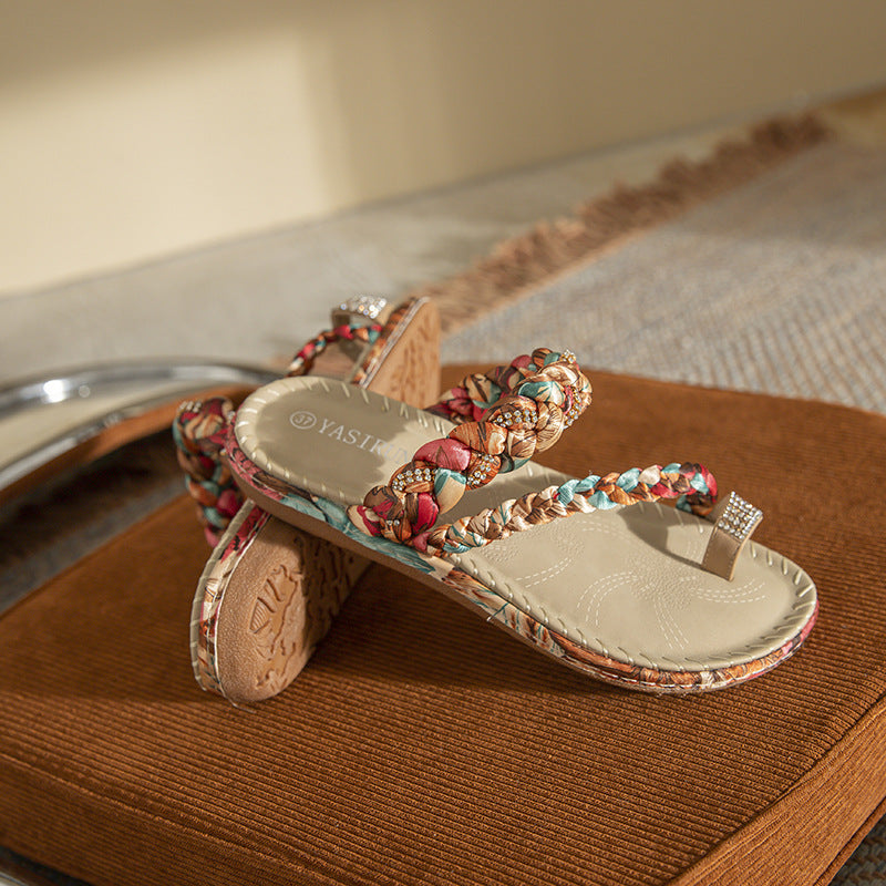 Bohemian Fashion Wooden Bead Rhinestone Wedge Heel Comfortable Large Size Sandals For Women
