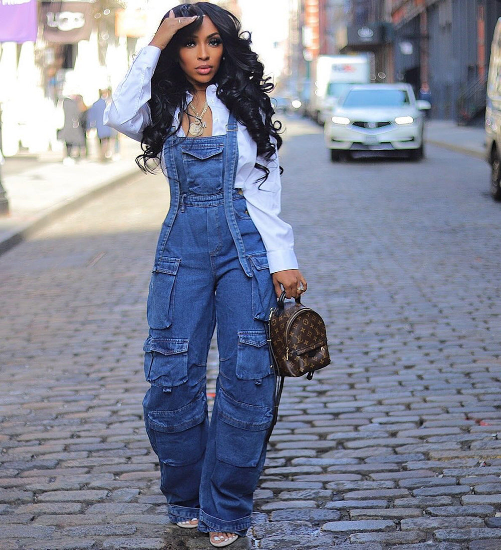 Loose Fit Denim Overalls With Pockets For Women