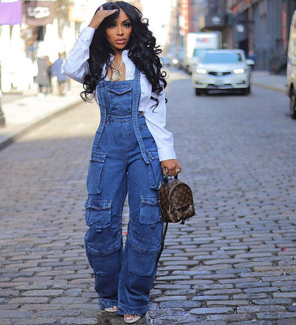 Loose Fit Denim Overalls With Pockets For Women