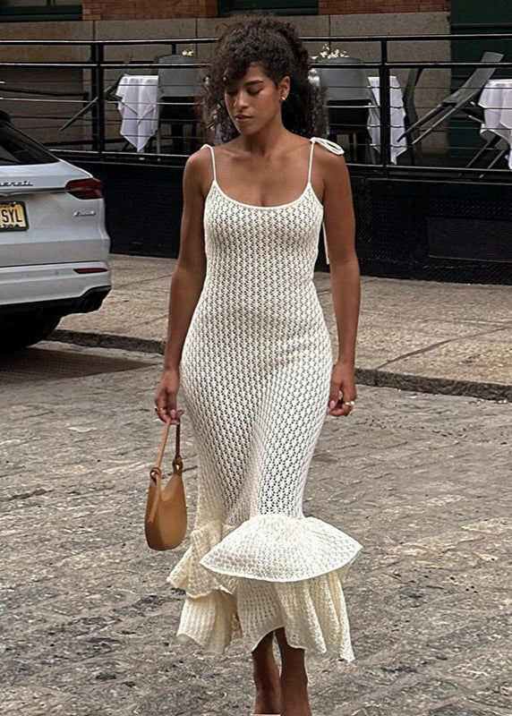 Knit Maxi Dress With Lace Knit And Ruffle Hem