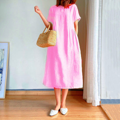 Cotton And Linen Solid Color Plus Size Dress Women'S Summer Loose Japanese Mid-Length Skirt Women