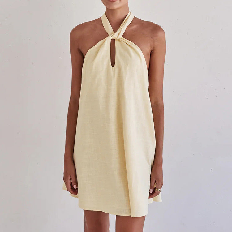 Cotton Sleeveless A-Line Dress With Halter Neck - Sexy Style