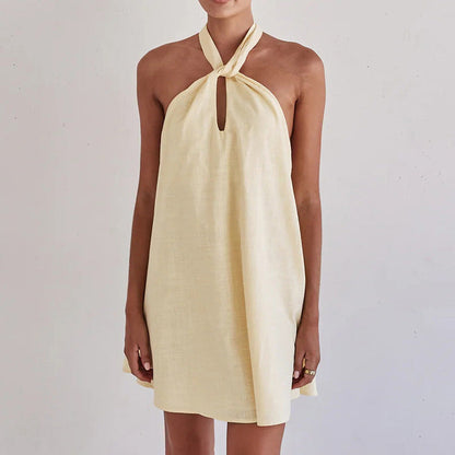 Cotton Sleeveless A-Line Dress With Halter Neck - Sexy Style
