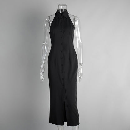 Simple Split Long Maxi Dress Sleeveless Collar Dress for Women