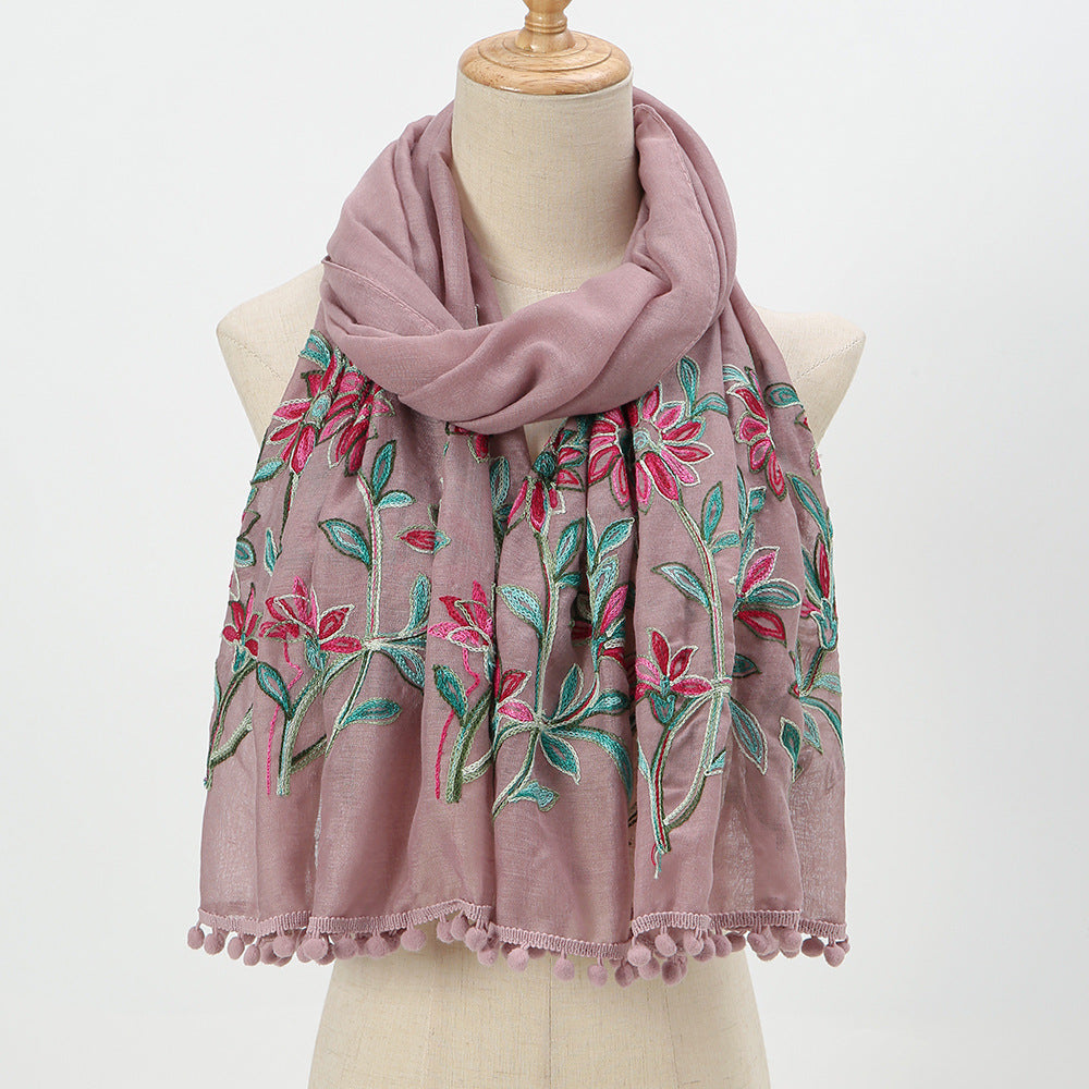 New Embroidered Furball Scarf, Cotton And Linen Shawl, Women'S Ethnic Style Retro Style, With Spring And Autumn Scarf