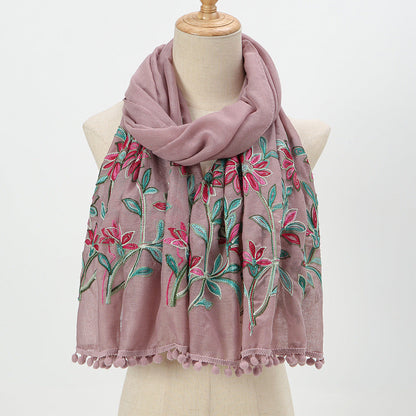 New Embroidered Furball Scarf, Cotton And Linen Shawl, Women'S Ethnic Style Retro Style, With Spring And Autumn Scarf