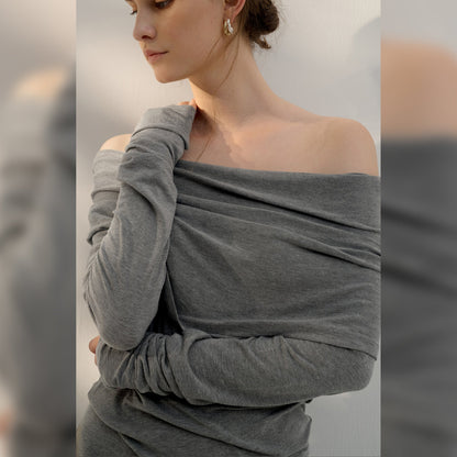 French Off-Shoulder Long Sleeve Top Stylish Knitted T-Shirt