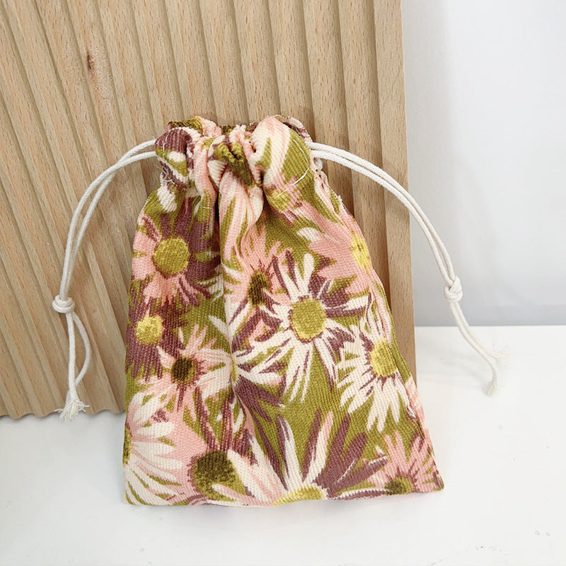 Mini Drawstring Corduroy Canvas Bag Portable Floral Storage Pouch