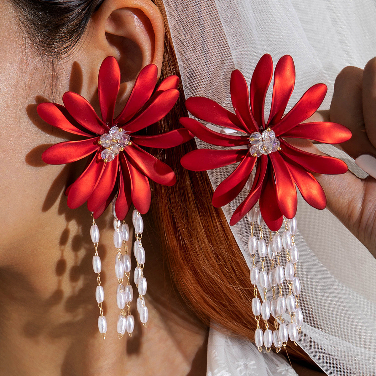 Colorful Pearl Flower Earrings Trendy Chic Fabric Design