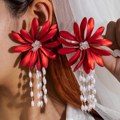 Colorful Pearl Flower Earrings Trendy Chic Fabric Design
