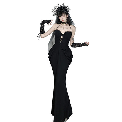 Black Lace Maxi Dress Sleeveless Gothic Style