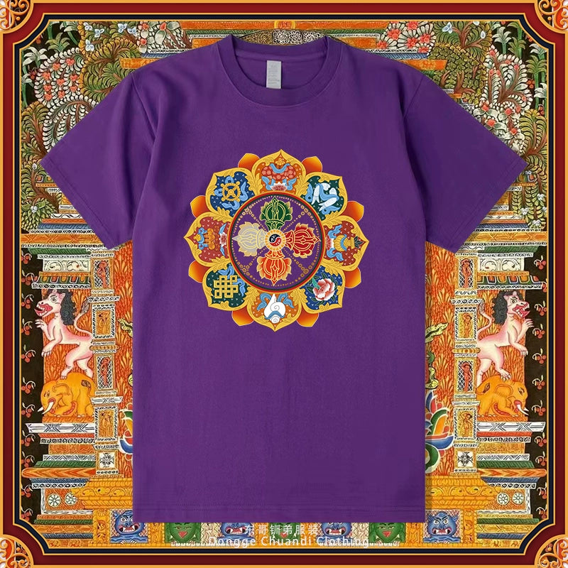 Diamond Pestle Babao New Printed Pure Cotton Mantra Wheel T-Shirt Top, Buddhist Men'S And Women'S High-End Clothing