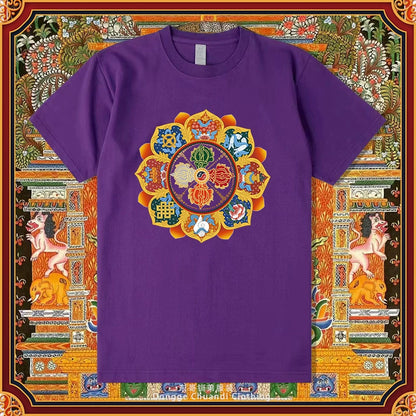 Diamond Pestle Babao New Printed Pure Cotton Mantra Wheel T-Shirt Top, Buddhist Men'S And Women'S High-End Clothing