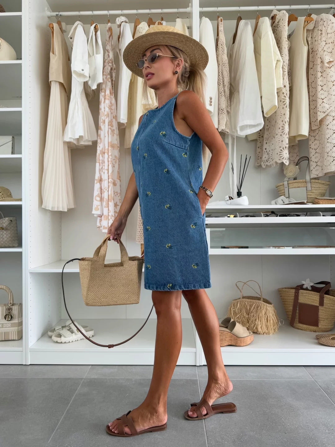 Floral Print Denim Sleeveless Dress Trendy Casual Wear