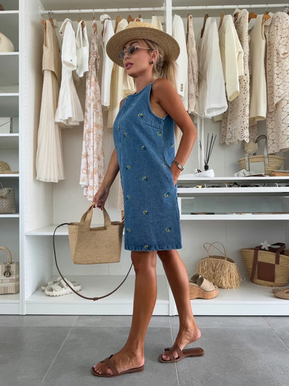 Floral Print Denim Sleeveless Dress Trendy Casual Wear