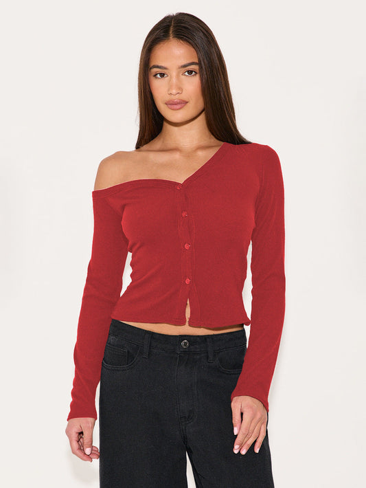 Asymmetrical Neck Long Sleeve Button Knit Cardigan T-Shirt
