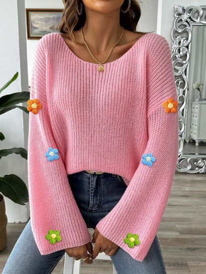 Women鈥檚 Crochet Floral Patchwork Top Loose Off-Shoulder Sweater