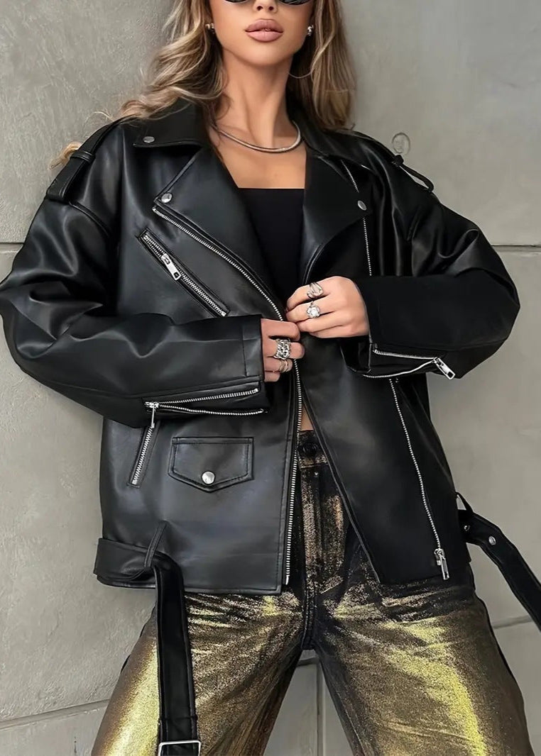 Oversized Faux Leather Biker Jacket Black